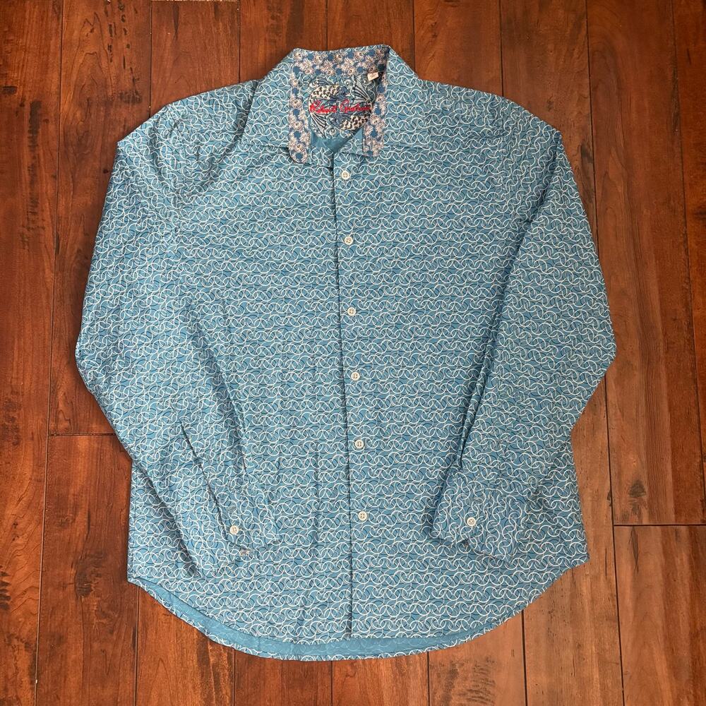 Robert Graham Canterbury Flip Cuff Dress Shirt Mens L Blue All Over Print Collar